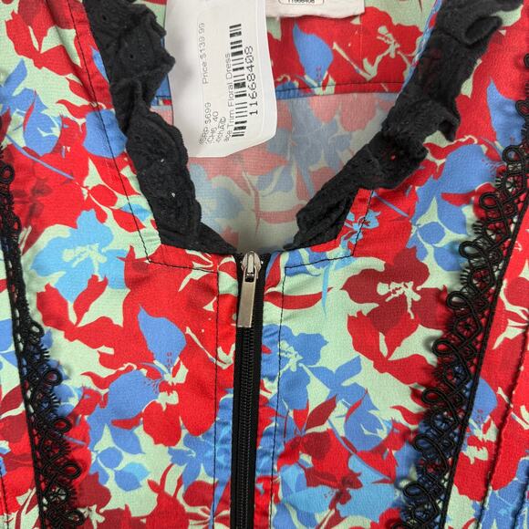 Koche Lace Trim Floral Dress Red Zip Crepe V-Neck Pockets 40 US 8 - Picture 8 of 14